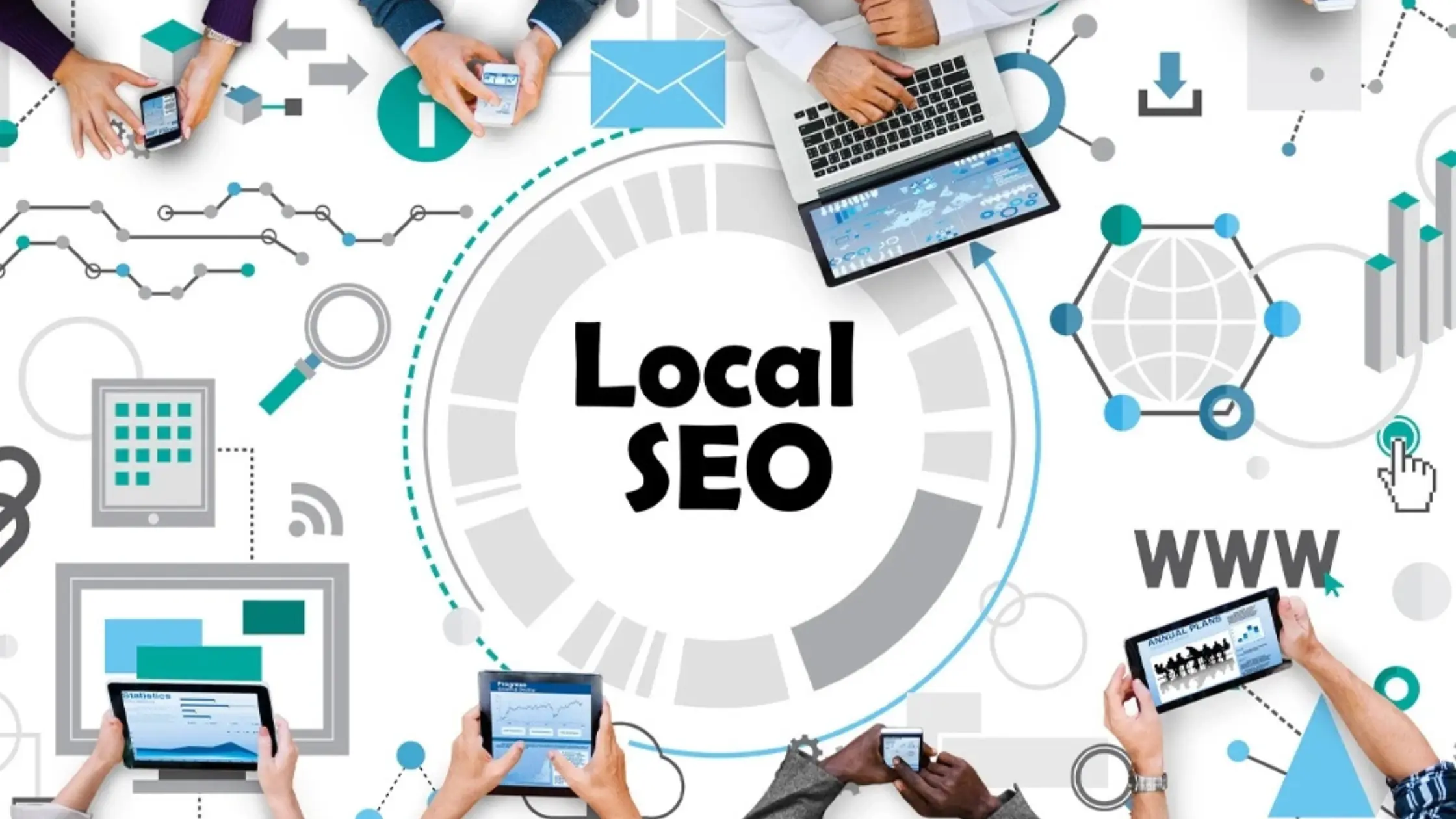 Illustration representing the concept of Local SEO, with people using various devices