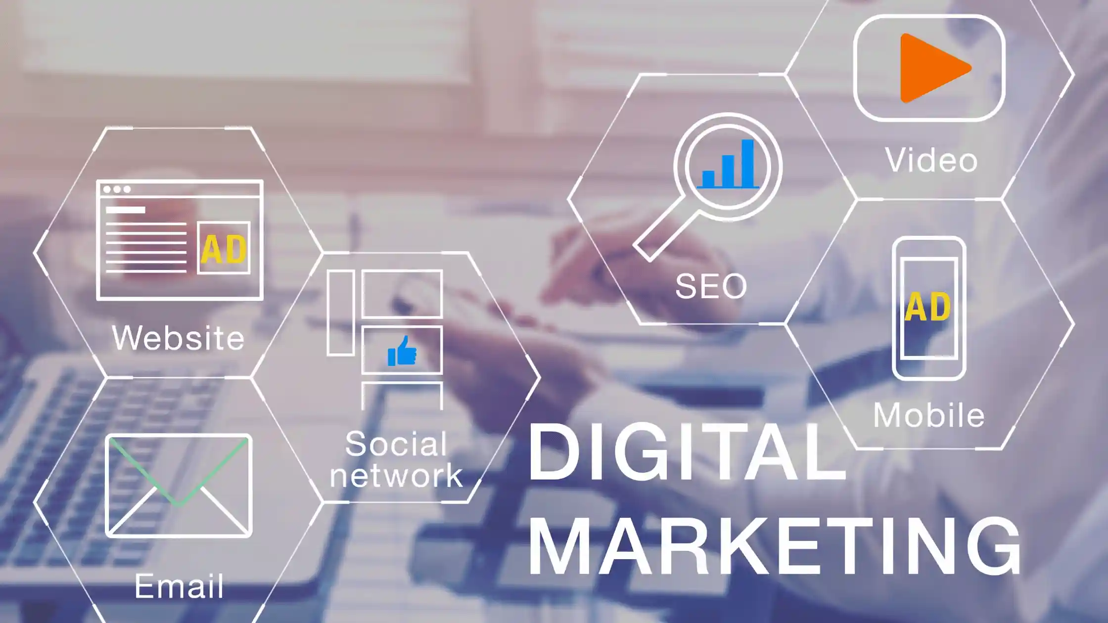 Types of digital marketing for plumbers showing SEO, PPC Ad, social media and more.