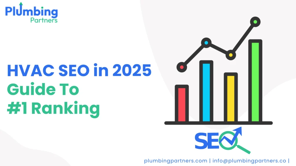 Plumbing Partners HVAC SEO Guide cover. Features a graph trending upwards and the text 'HVAC SEO in 2025'.