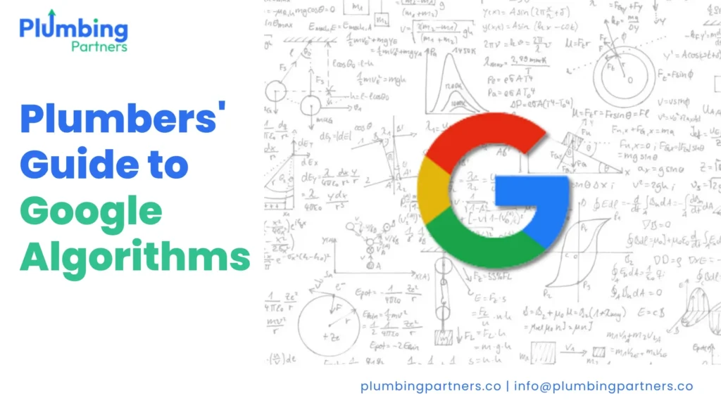 Plumbers' Guide to Google Algorithms cover. Features Plumbing Partners logo and Google logo.